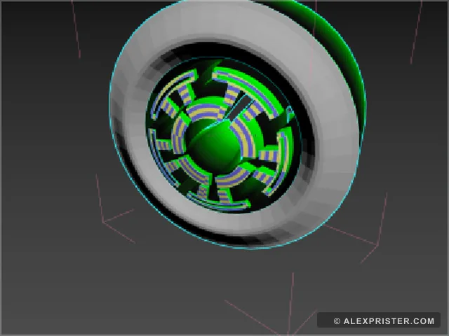 Neon green mechanical eye model shown in a flattened 3D workbench view