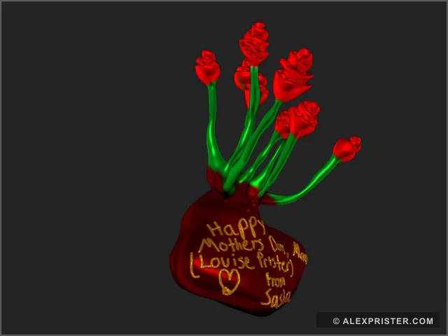 Turntable still of a red rose bouquet sculpture with a handwritten Mother's Day message