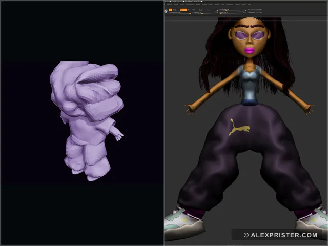 Split view of the Kid Super print sculpt and the Jennifer character model