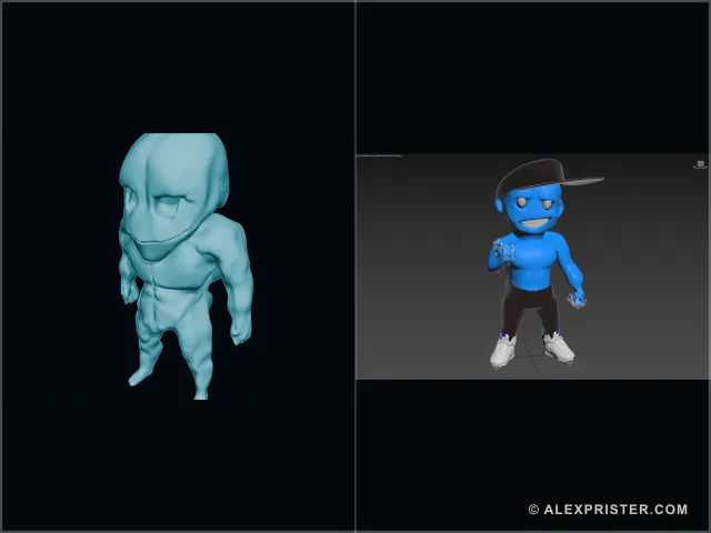 Clay and textured workbench views of Alex Prister's Zskutch character