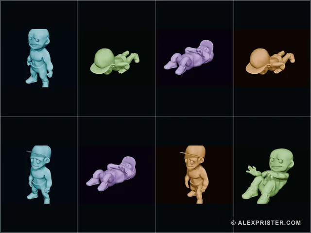 Eight-pose contact sheet from the Zskutch exercise and transition animation studies