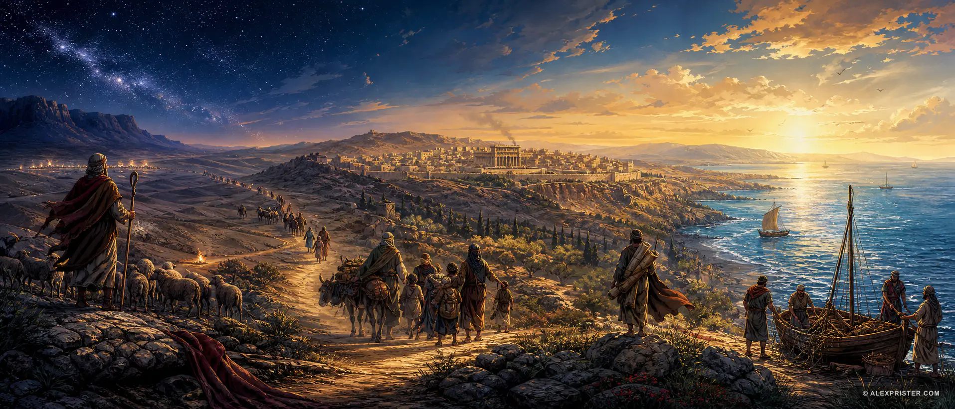 Original cinematic illustration of travelers beneath a vast ancient Near Eastern night sky