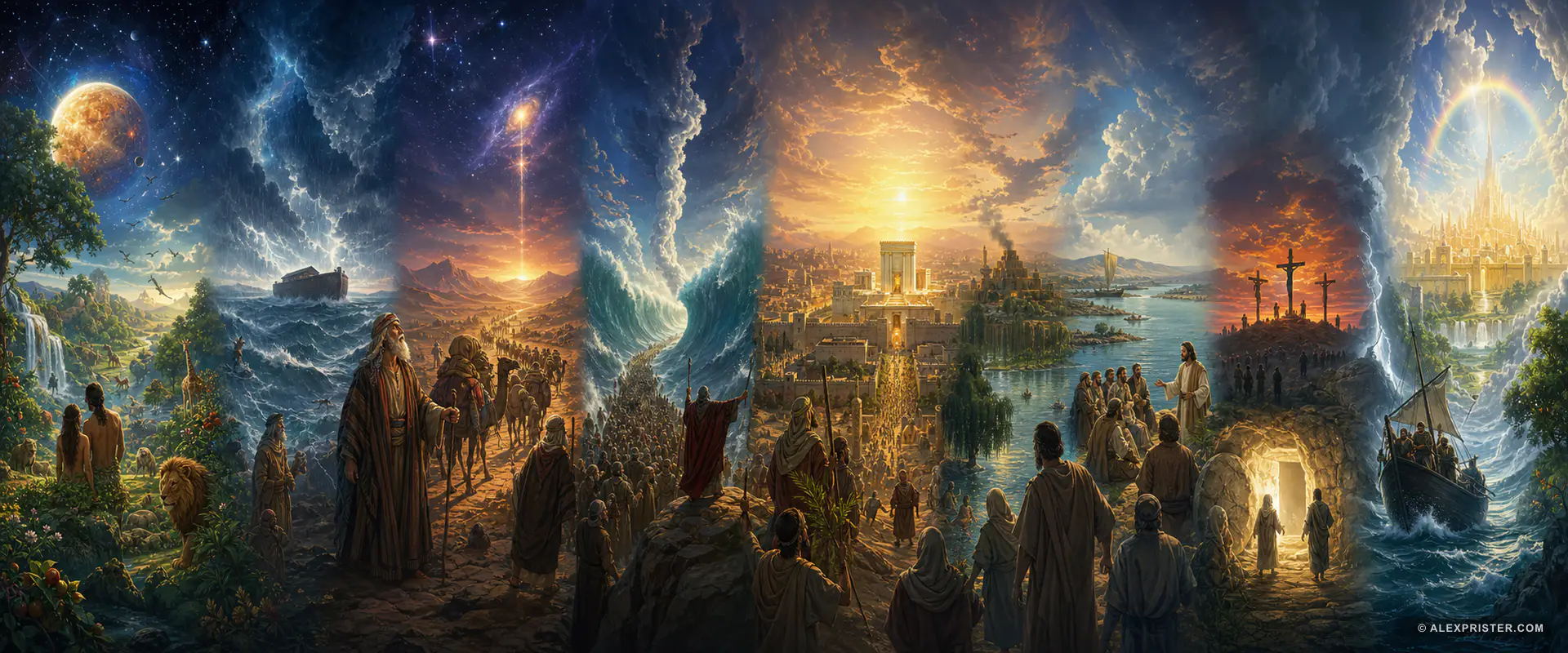Original panoramic illustration moving from creation and the patriarchs through Exodus, Jerusalem, the Gospels, the early church, and Revelation